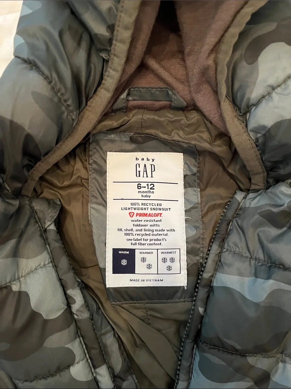 GAP Baby Camouflage Puffer Snowsuit in Olive and Gray